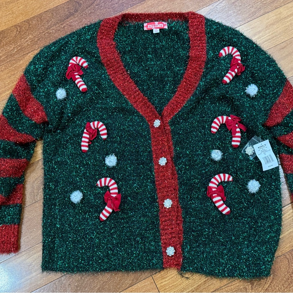 Cozy Holiday Cardigan with Candy Cane Accents Size XL
